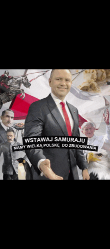 a man in a suit and red tie is standing in front of a collage of people
