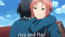 a girl with pink hair is hugging a boy with black hair