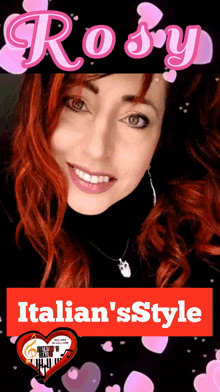 a woman with red hair is smiling in front of a sign that says rosy italian style