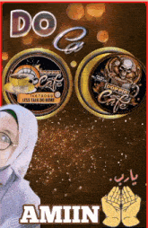 a poster for doppio cafe with a woman wearing a hijab