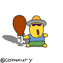 a cartoon character with a hat and sunglasses is holding a large chicken leg ..