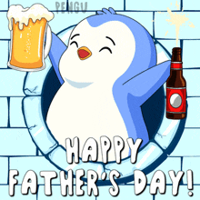 a happy father 's day card with a penguin holding a beer mug