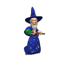 a cartoon wizard is holding a green sword and a wand