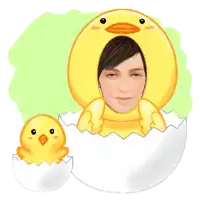 a cartoon of a man in a duck costume with a smaller chick behind him