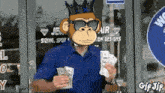 a monkey wearing a crown and sunglasses is holding money