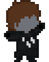 a pixel art of a person with brown hair and a black jacket