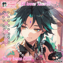 a picture of a anime character with the words " xiao loves eli " on it