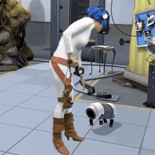 a woman with blue hair is standing next to a small dog