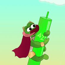a cartoon character with a red cape is holding a green cylinder that says az