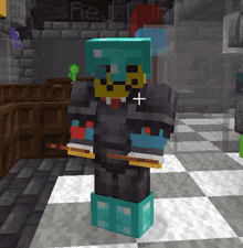 a minecraft character with a blue helmet and a yellow face