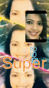 a woman 's face is displayed on a phone screen with the word super in orange letters