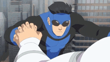 a cartoon of a man in a blue superhero costume