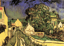 a painting of a landscape with houses and trees with a blue sky in the background