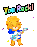 a cartoon of a cat playing a guitar with the words " you rock " behind him