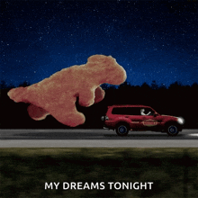 a car is driving down a road with a teddy bear in the sky above it and the words my dreams tonight