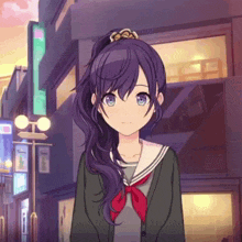 a girl with long purple hair and blue eyes is standing in front of a building