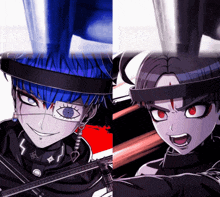 a blue haired anime character and a black haired anime character
