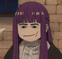 a cartoon character with purple hair and a smile