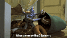 a cartoon of a monster eating donuts with the words when they 're selling 3 spinners below it