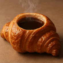 a croissant with a cup of hot coffee inside of it