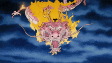 a cartoon drawing of a pink dragon with flames coming out of its mouth
