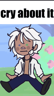 a cartoon drawing of a boy with white hair and the words cry about it