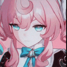 a girl with pink hair and blue eyes has a blue bow tie