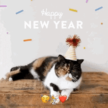 a cat is wearing a party hat and laying on a wooden table .