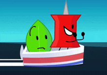 a green leaf and a red pin are floating in a boat