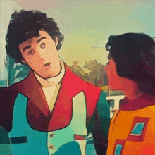 a cartoon drawing of a man in a blue jacket talking to another man in an orange jacket