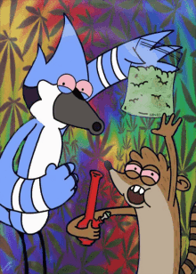 a cartoon drawing of regular show characters smoking weed
