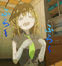 a cartoon of a girl with a green tie and bandaged arms