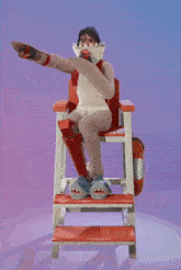 a cartoon character is sitting in a lifeguard chair with a life preserver attached to it