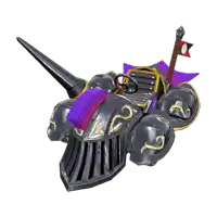 a knight 's armored vehicle with a purple helmet and a flag