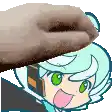 a hand is holding a donut over a cartoon character .