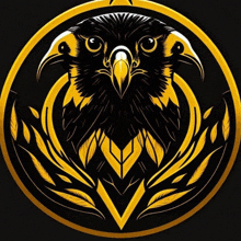 a black bird with a yellow beak is in a gold circle with feathers