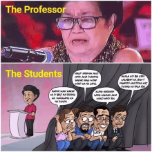 a cartoon of a woman speaking into a microphone with the words the professor and the students below her