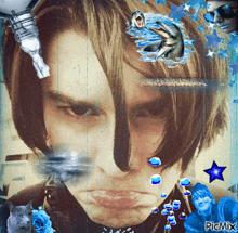 a collage of a man 's face with a dolphin in the background and the word picmix on the bottom