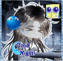 a picture of a girl with a blue smiley face and the words good night on the bottom