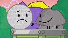 a cartoon drawing of a golf ball and a rock with faces on them