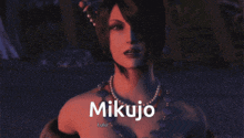a video game character with the name mikujo on her face