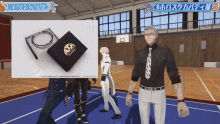 a man in a black shirt and tie is standing on a basketball court next to a box of jewelry