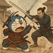 a drawing of doraemon fighting a samurai with swords