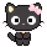 a pixel art drawing of a black cat with a pink bow on its ear