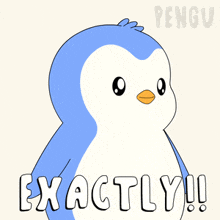 a blue and white penguin with the word exactly written below it