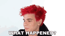 a man with red hair is making a funny face and asking what happened .