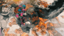 a painting of a person flying through the air with flames behind them