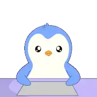 a blue and white penguin with a yellow beak is holding a piece of paper