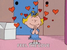 a cartoon of a girl with hearts around her and the words feel the love