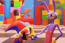 a jester and a purple rabbit are standing next to each other in front of colorful blocks